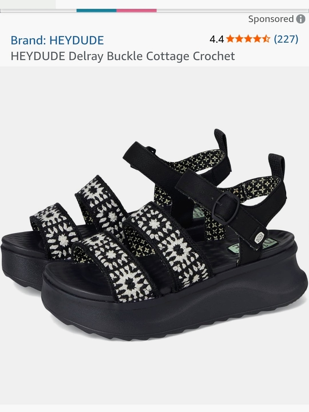 Hey Dude Black & White Crochet Platform Sandals